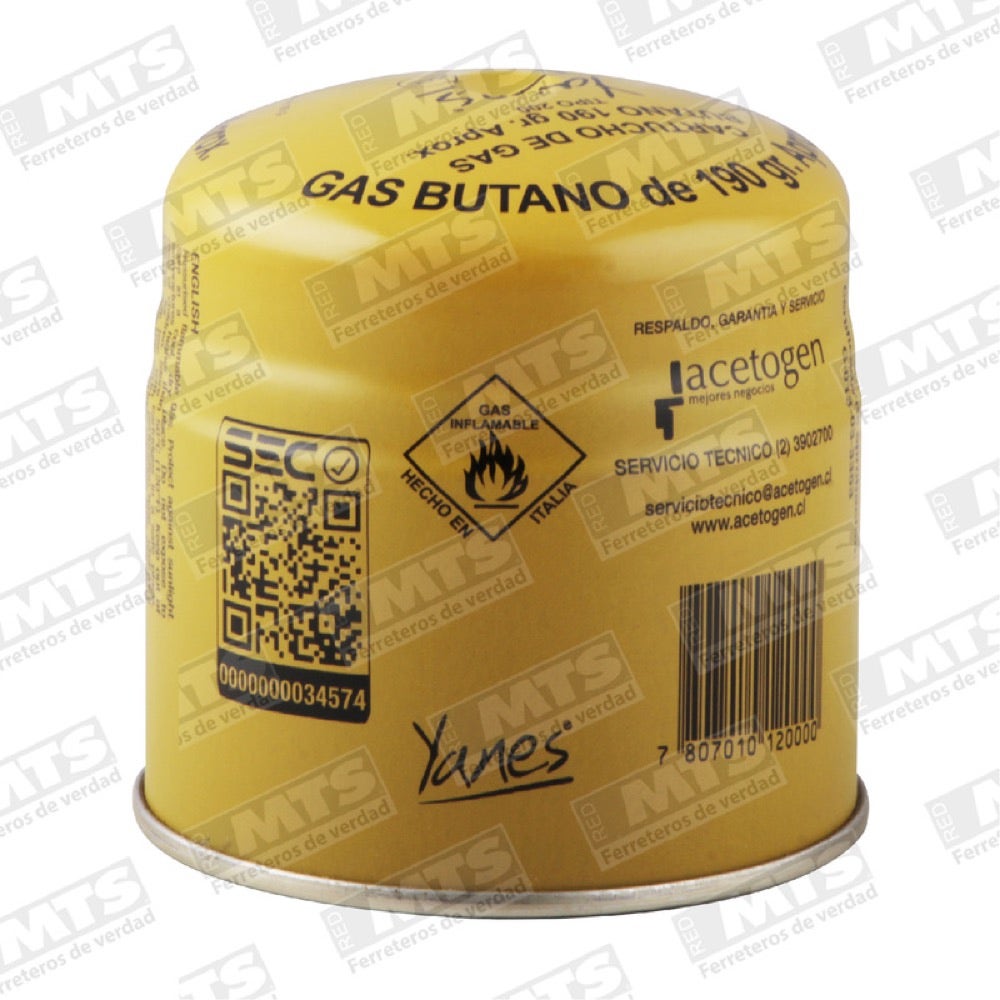 CARTUCHO CON VALVULA SEGURIDAD 190GRS YANES
